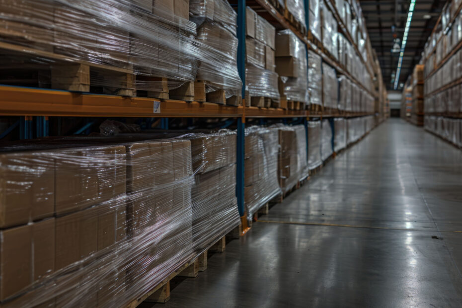 Warehouse storage for cargo shipment boxes on pallet racks, wrapped in plastic film.
