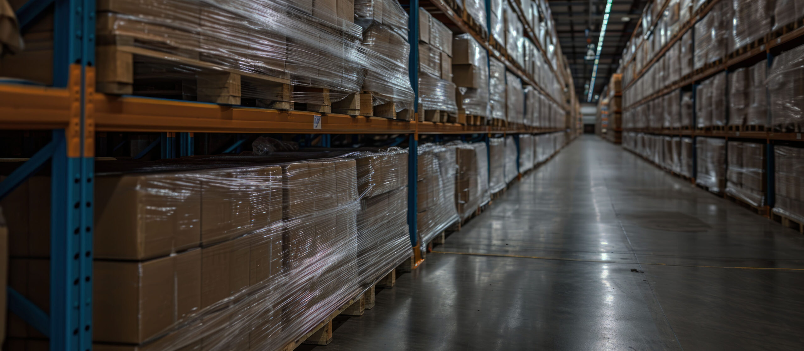 Warehouse storage for cargo shipment boxes on pallet racks, wrapped in plastic film.